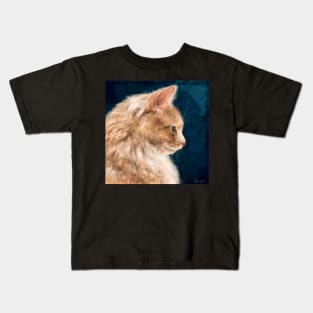 Painting of a Fluffy Orange Persian Cat on Dark Blue Background Kids T-Shirt